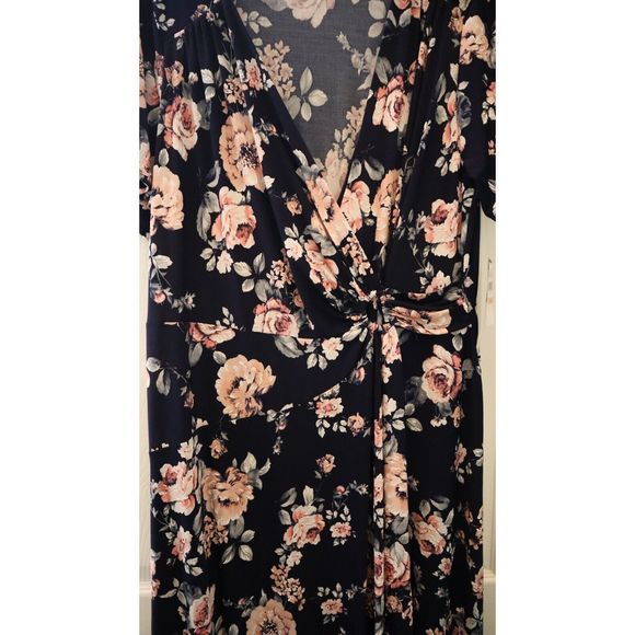 Signature x Robbie Bee Women's Plus Sz 2XL Navy Floral Print Midi Wrap Dress - Picture 9 of 12